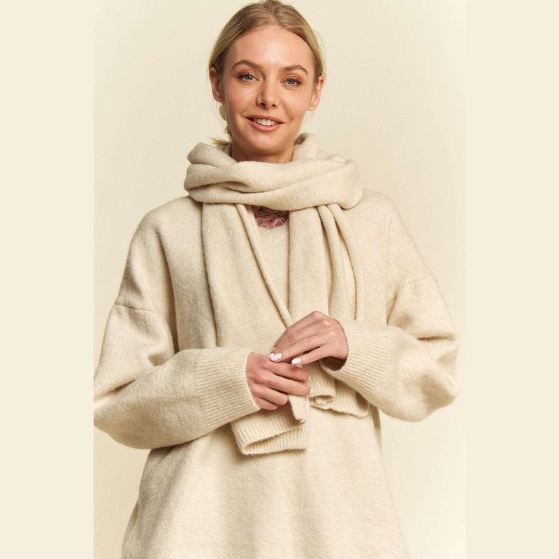 Davi & Dani V-Neck Dropped Shoulder Sweater with Scarf