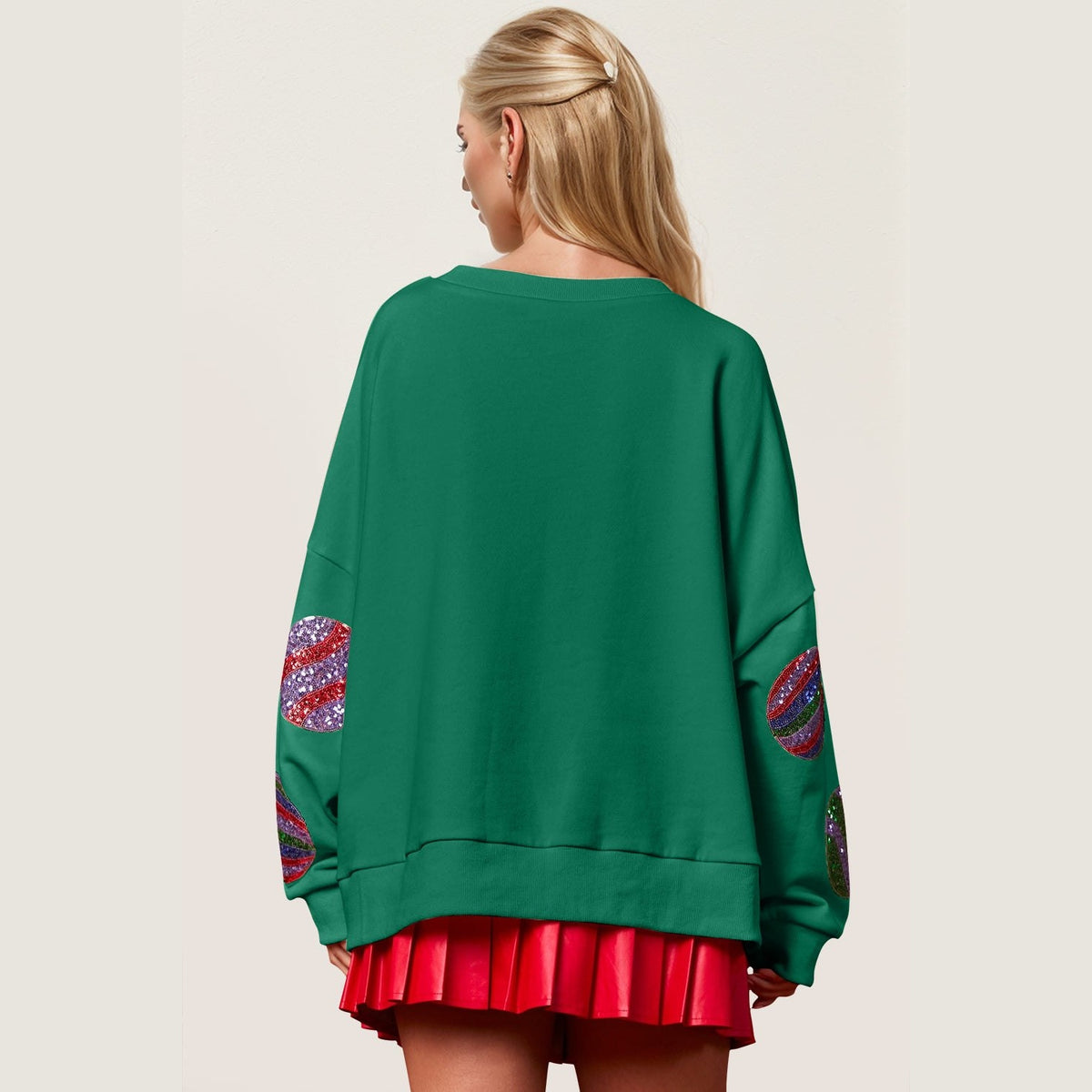 Double Take Christmas Element Sequin Round Neck Long Sleeve Sweatshirt