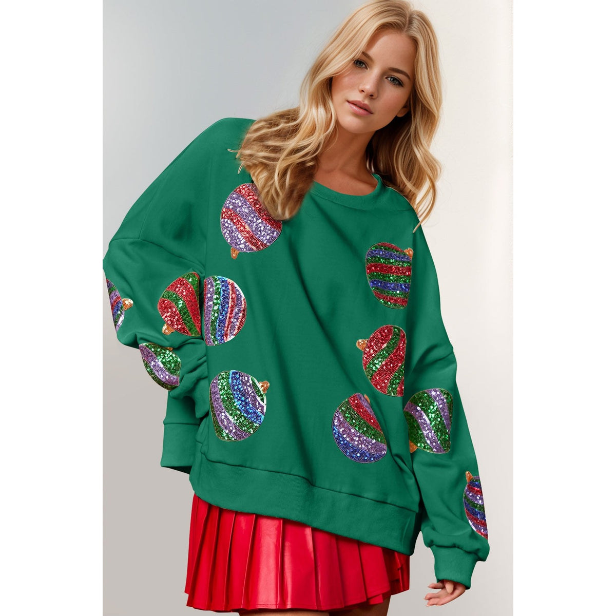 Double Take Christmas Element Sequin Round Neck Long Sleeve Sweatshirt