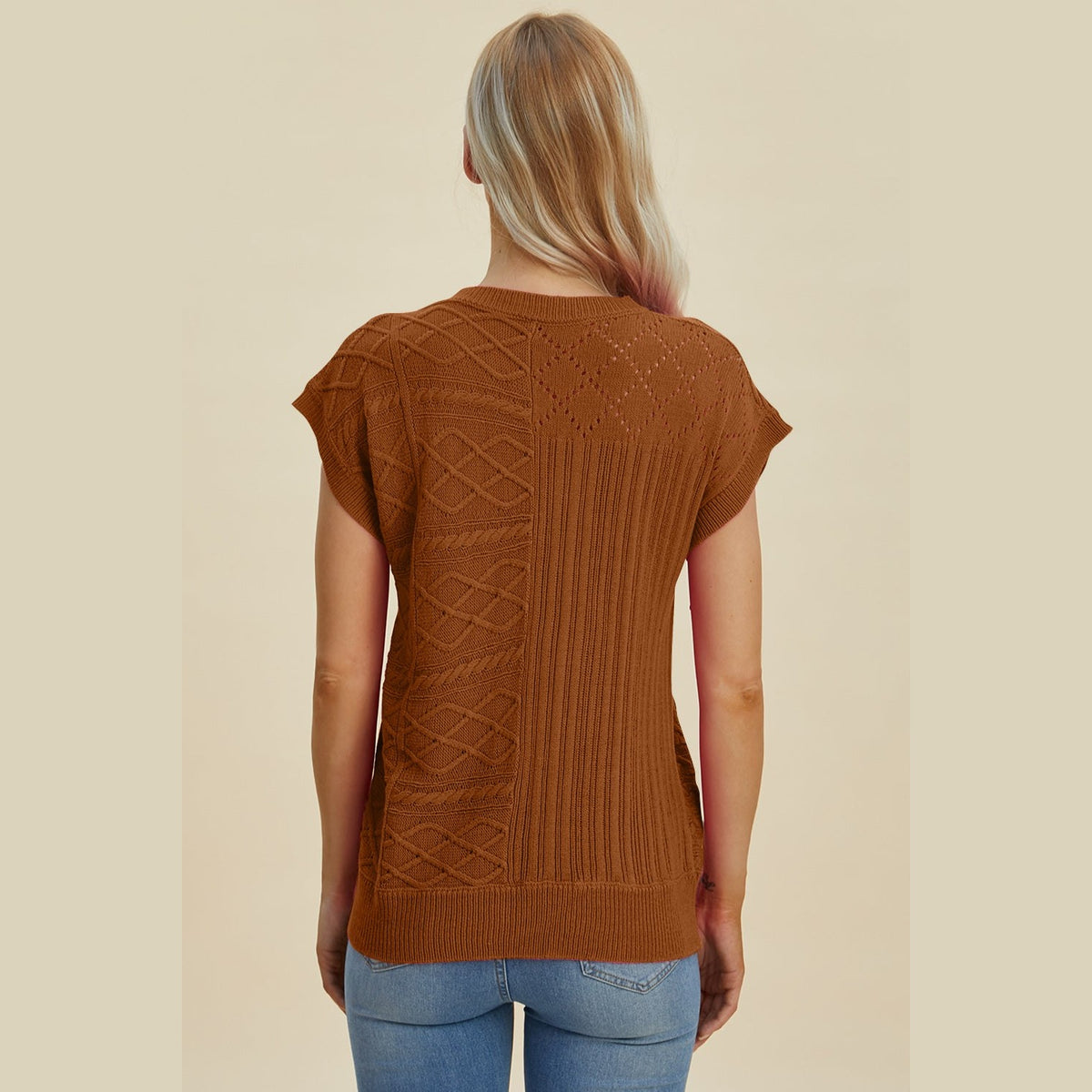 Double Take Full Size Cable-Knit Round Neck Cap Sleeve Sweater