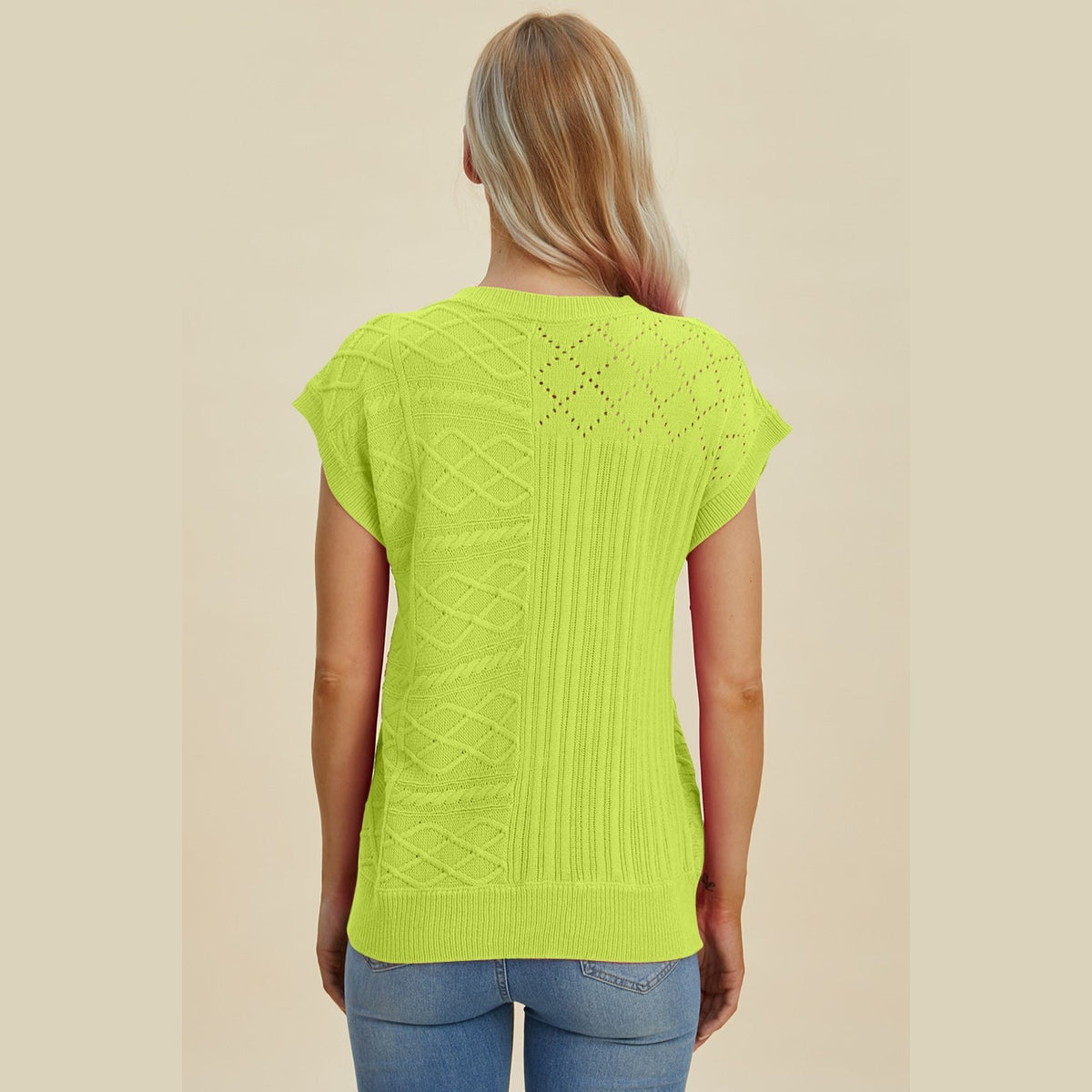 Double Take Full Size Cable-Knit Round Neck Cap Sleeve Sweater