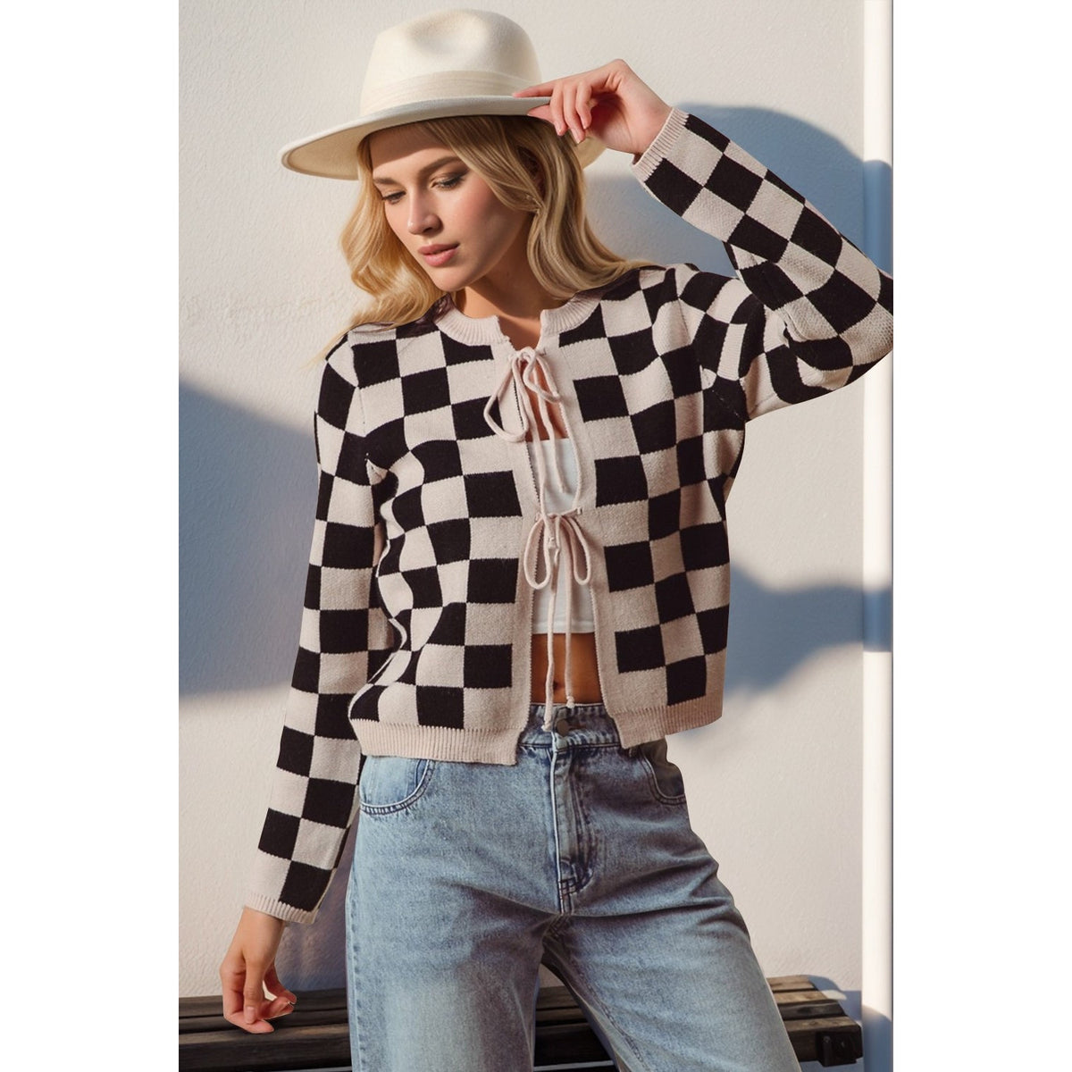 Double Take Full Size Checkered Tie Front Long Sleeve Cardigan