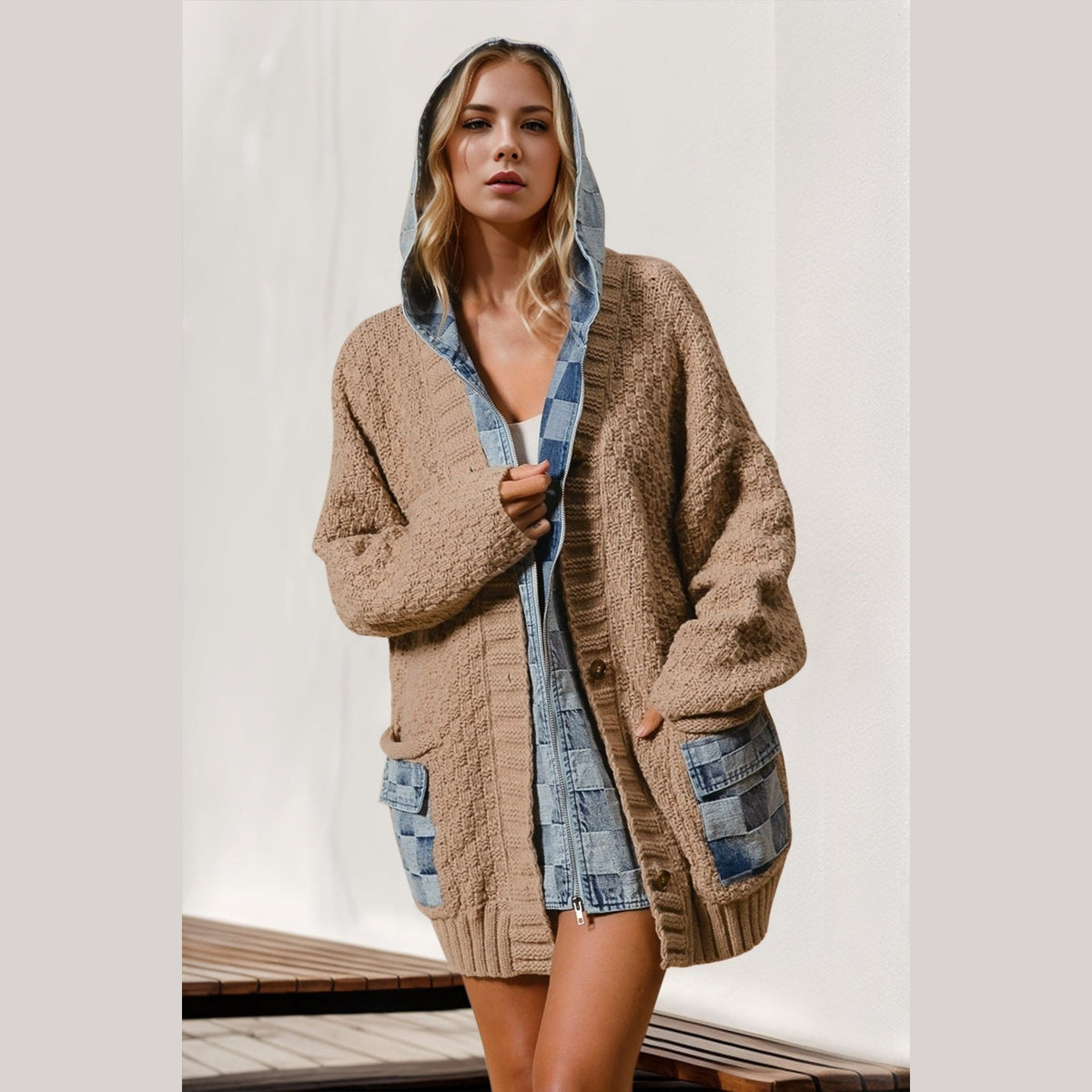 Double Take Full Size Hooded Denim Spliced Sweater Cardigan