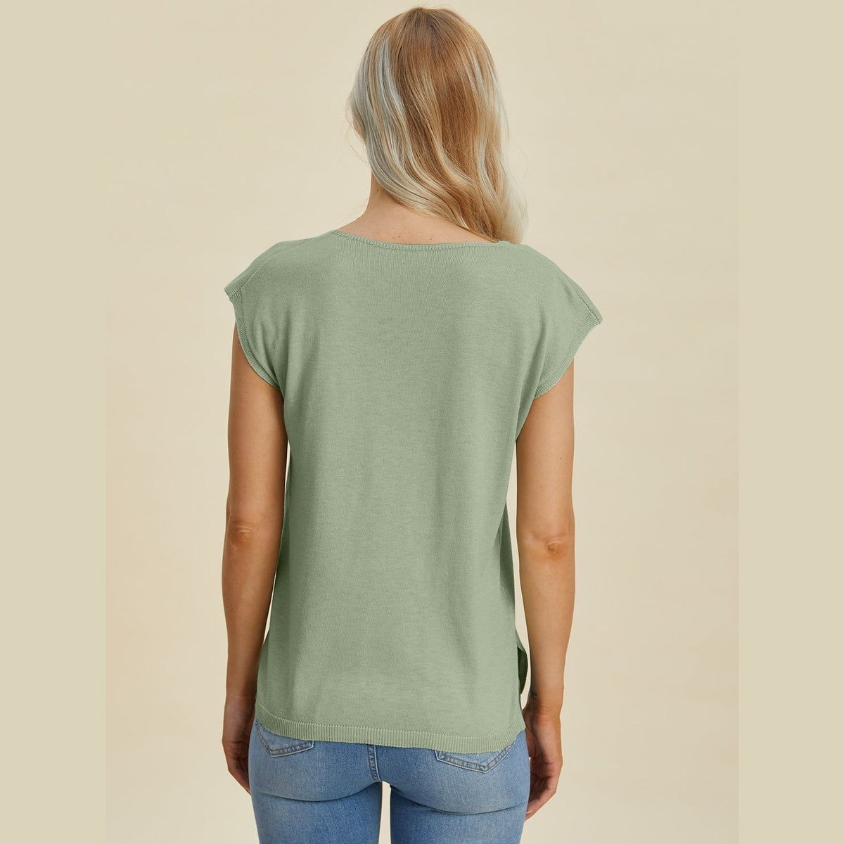 Double Take Full Size Notched Cap Sleeve Knit Top