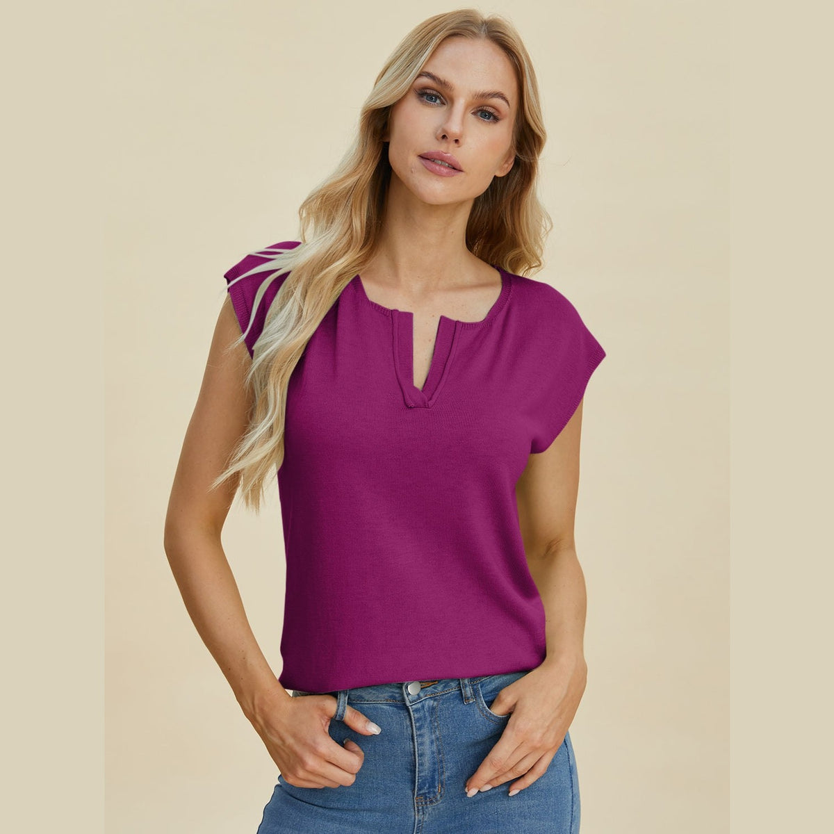 Double Take Full Size Notched Cap Sleeve Knit Top