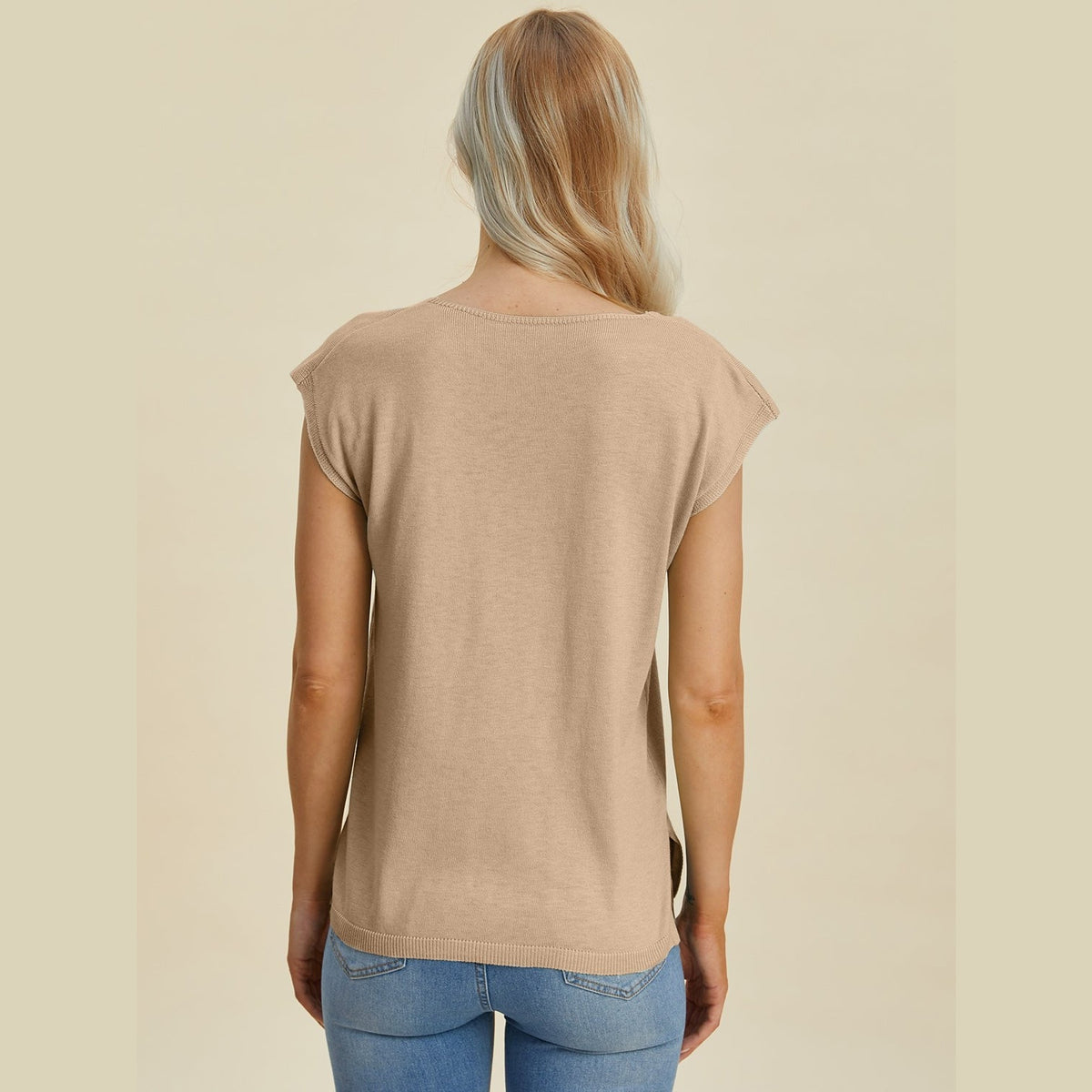 Double Take Full Size Notched Cap Sleeve Knit Top