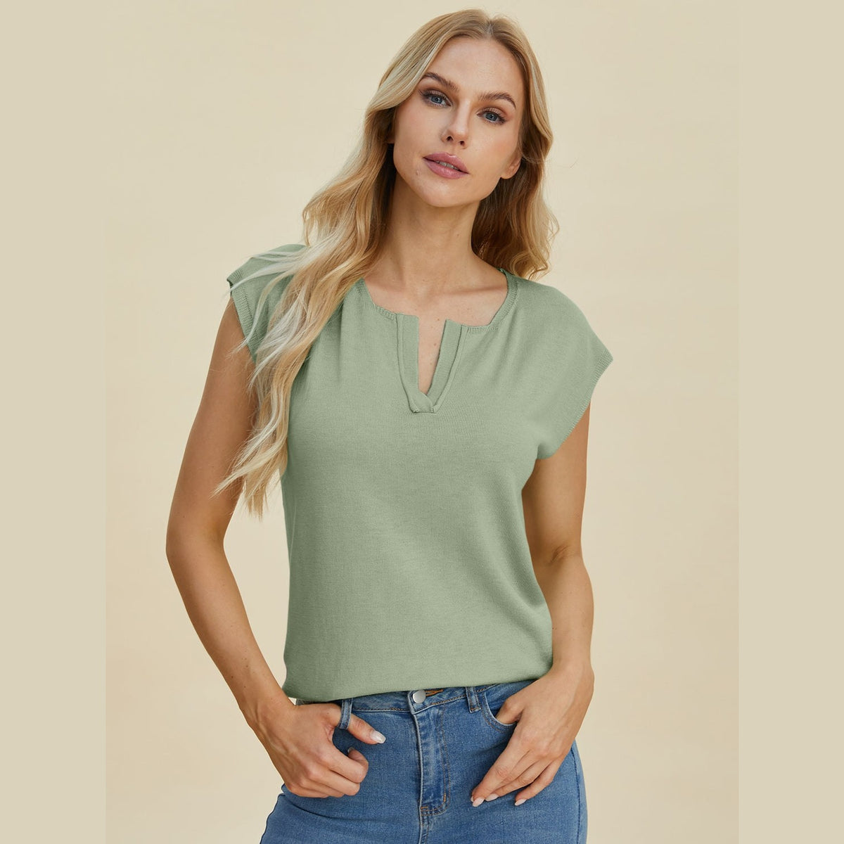 Double Take Full Size Notched Cap Sleeve Knit Top