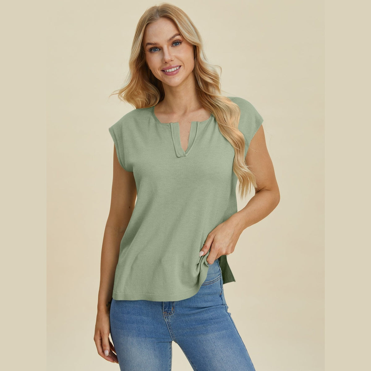 Double Take Full Size Notched Cap Sleeve Knit Top