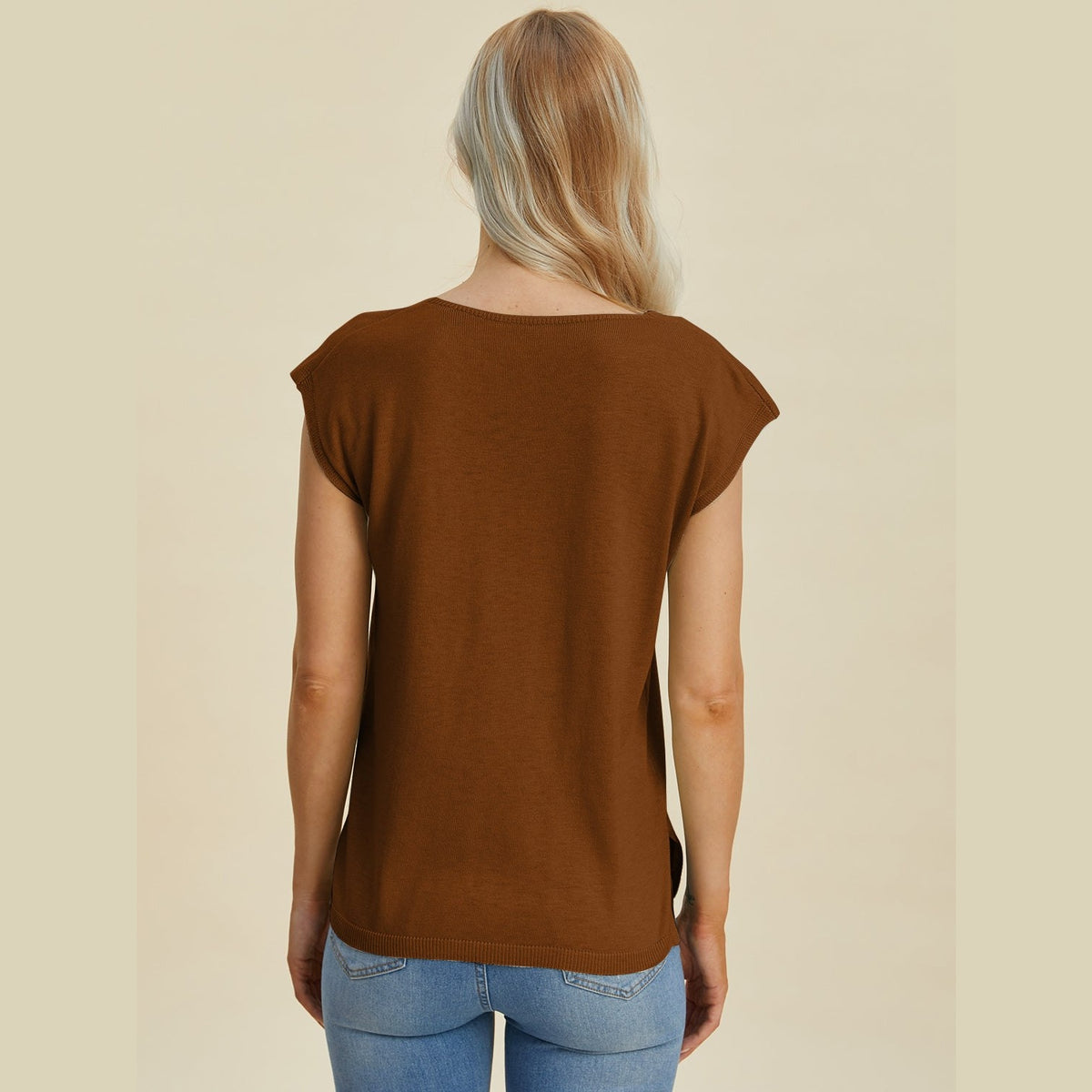 Double Take Full Size Notched Cap Sleeve Knit Top