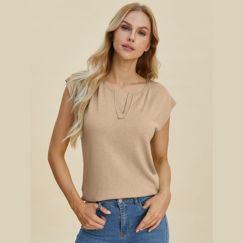 Double Take Full Size Notched Cap Sleeve Knit Top