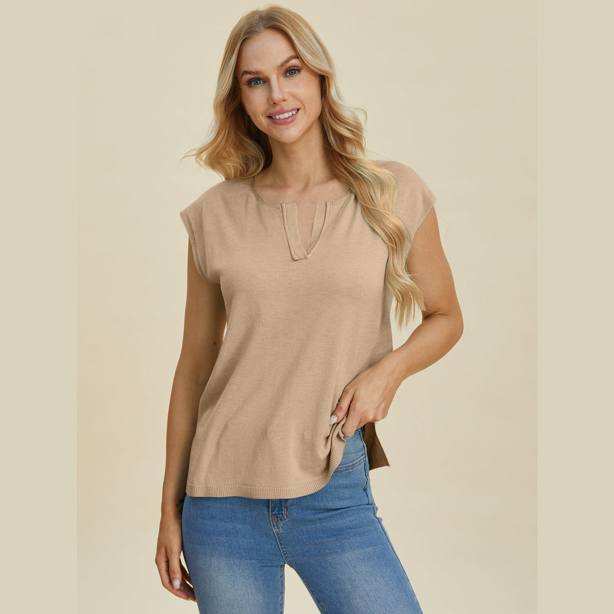 Double Take Full Size Notched Cap Sleeve Knit Top