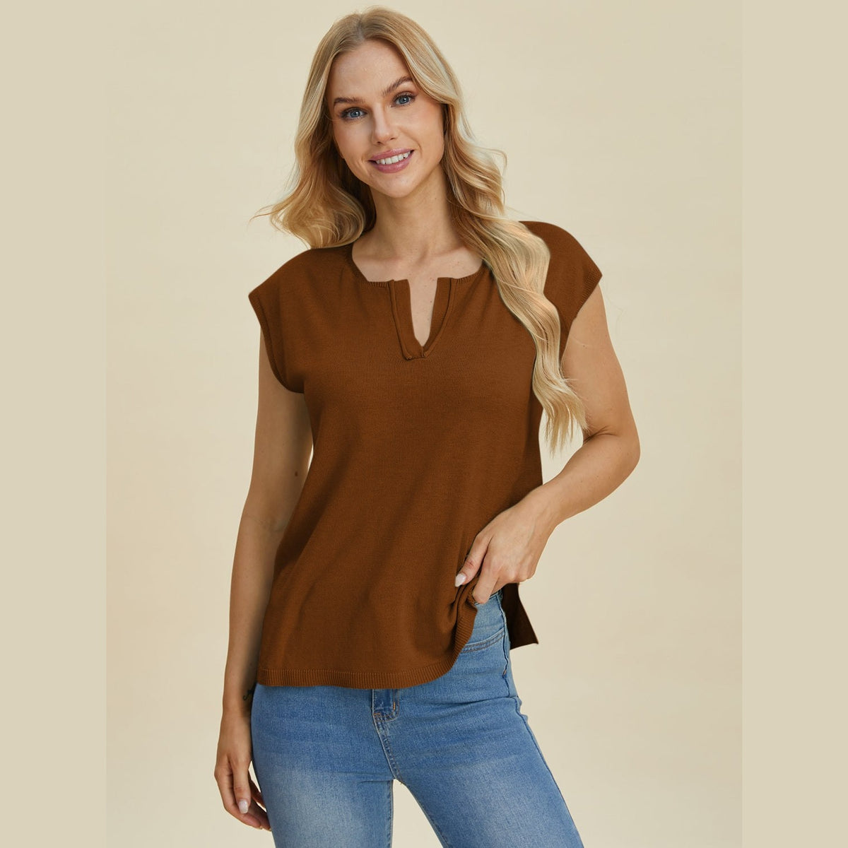 Double Take Full Size Notched Cap Sleeve Knit Top