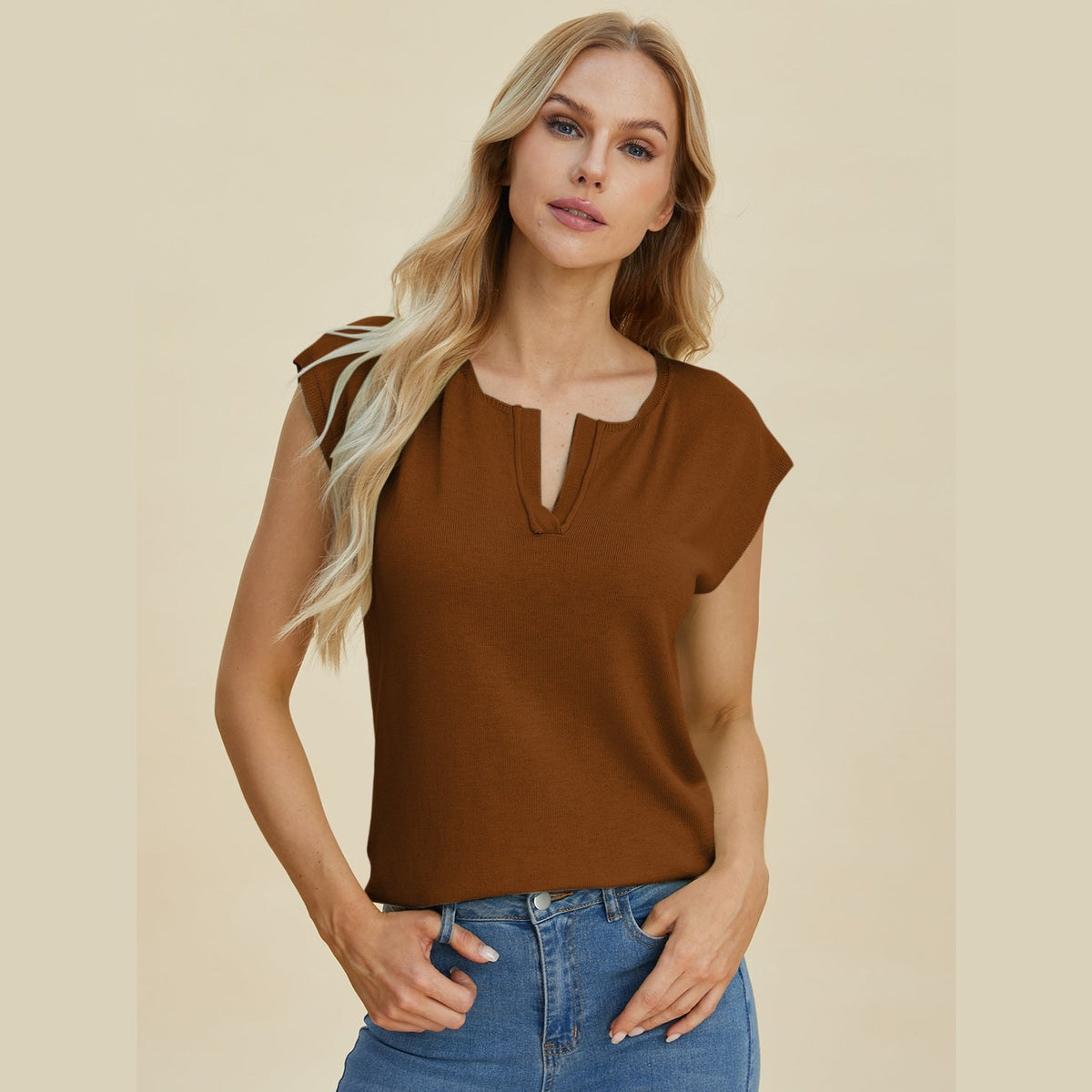 Double Take Full Size Notched Cap Sleeve Knit Top