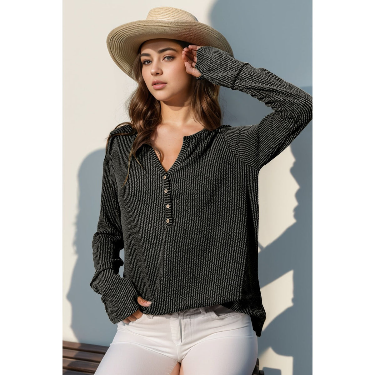 Double Take Full Size Notched Thumbhole Long Sleeve T-Shirt