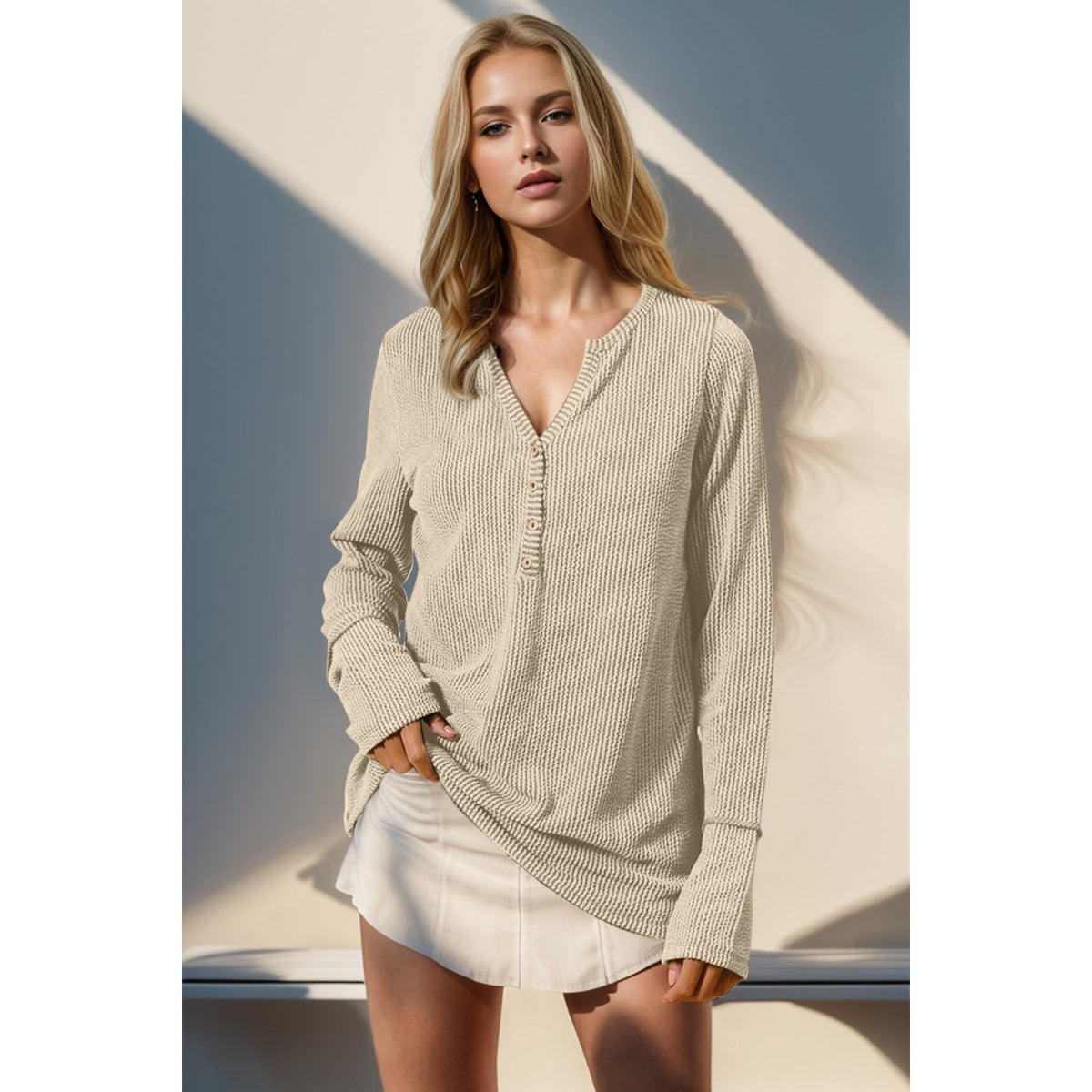 Double Take Full Size Notched Thumbhole Long Sleeve T-Shirt