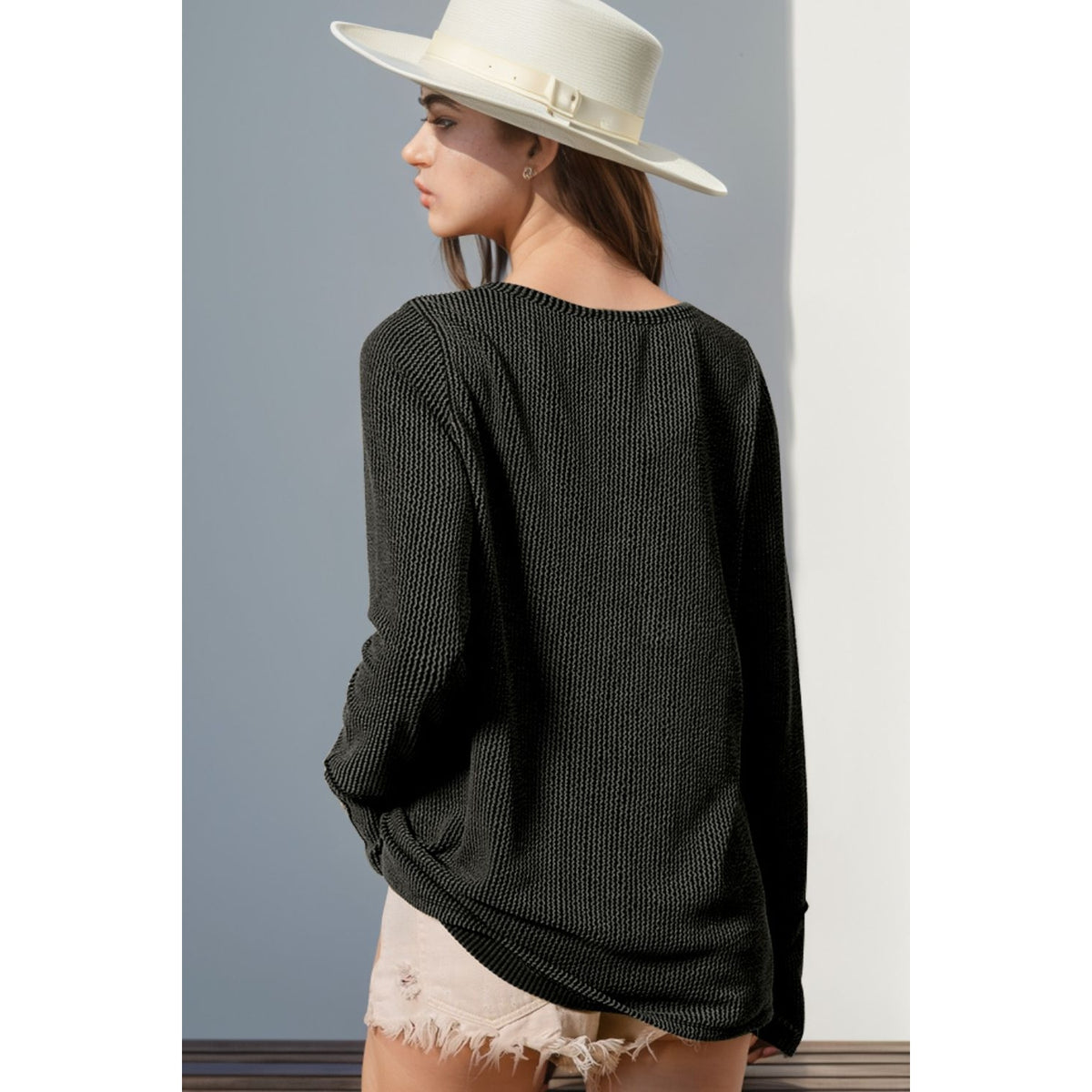 Double Take Full Size Notched Thumbhole Long Sleeve T-Shirt