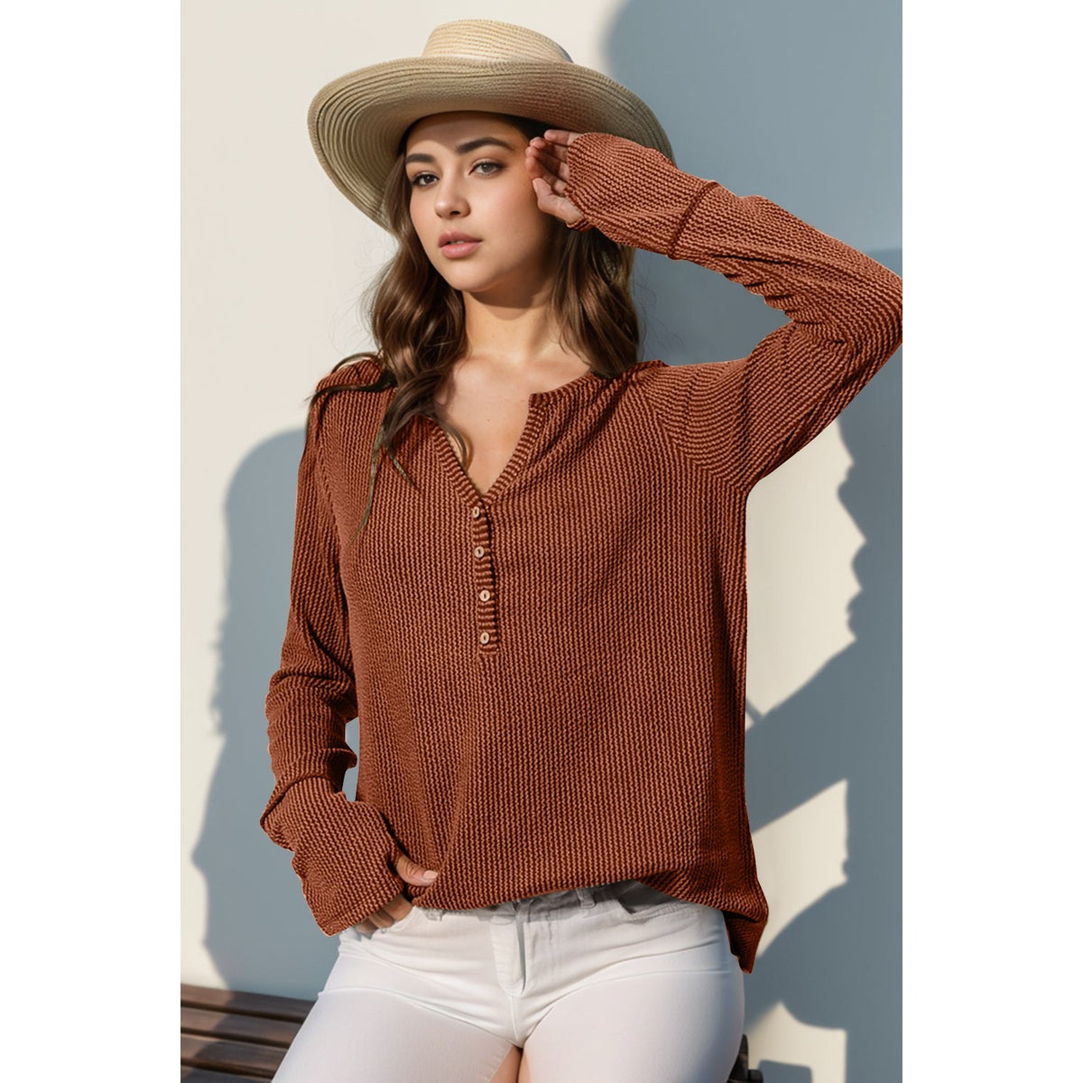 Double Take Full Size Notched Thumbhole Long Sleeve T-Shirt