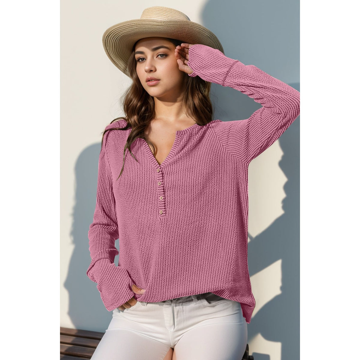 Double Take Full Size Notched Thumbhole Long Sleeve T-Shirt