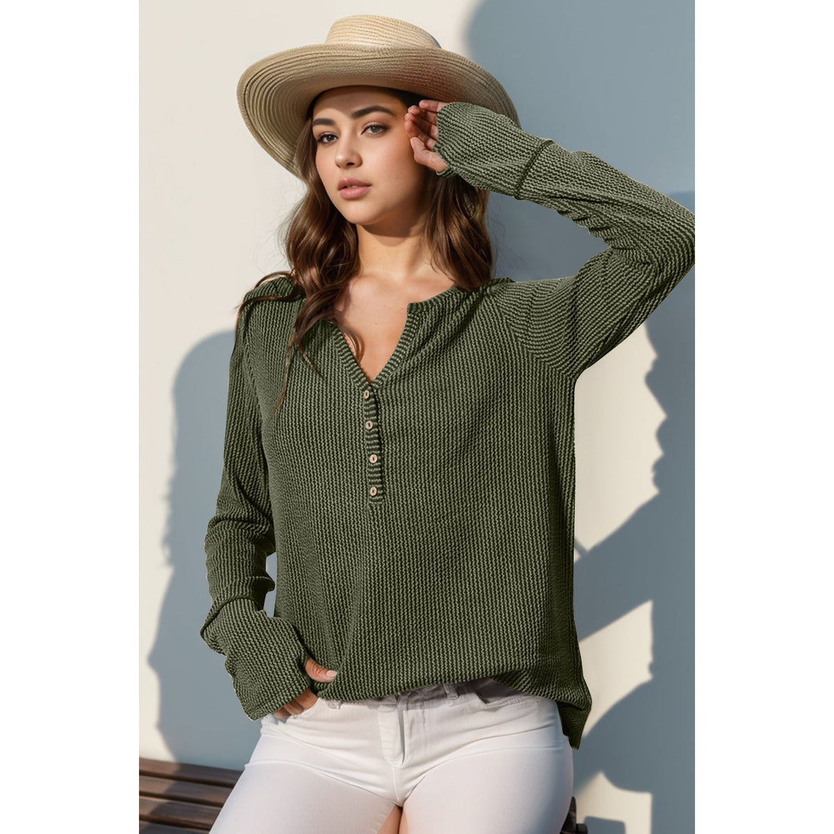 Double Take Full Size Notched Thumbhole Long Sleeve T-Shirt