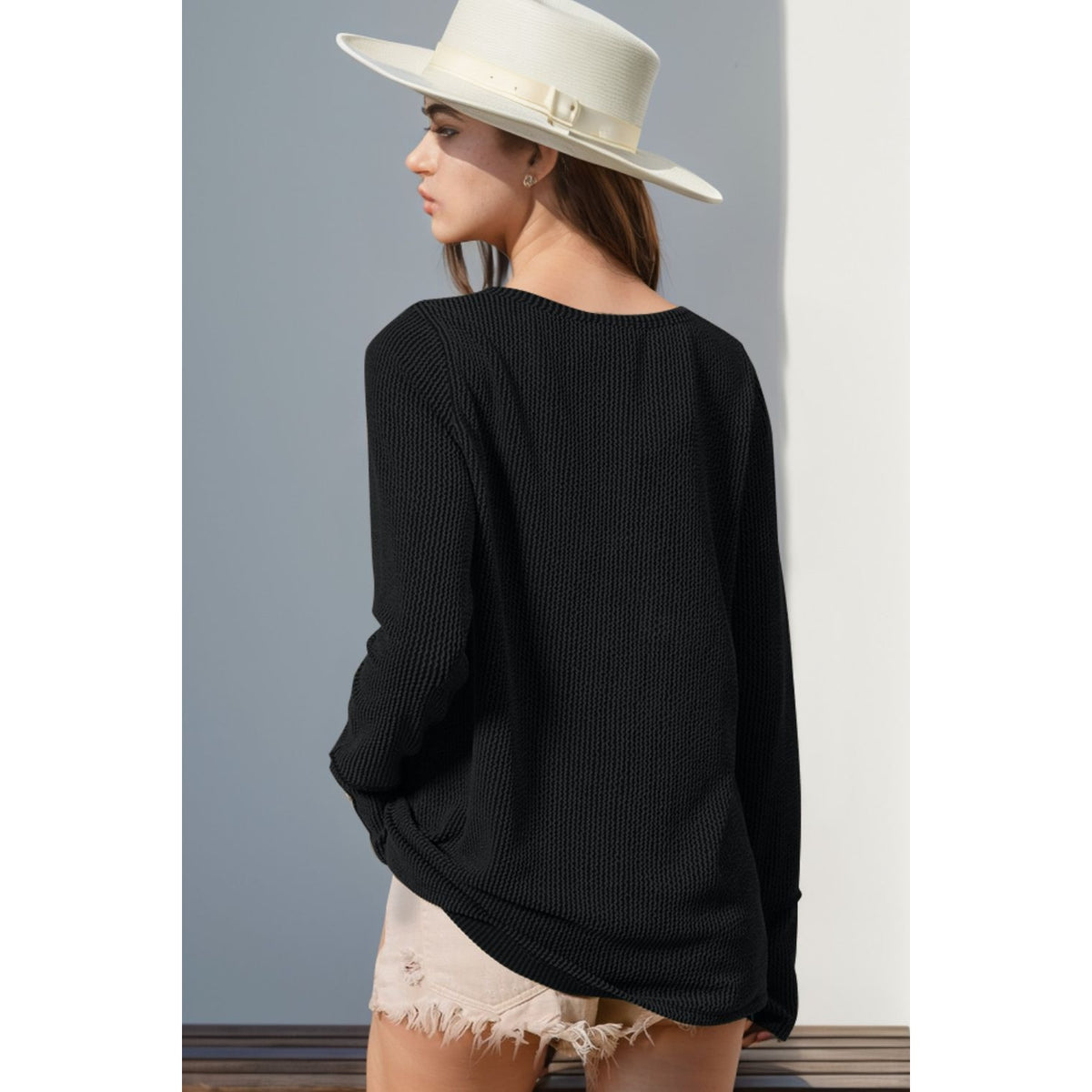 Double Take Full Size Notched Thumbhole Long Sleeve T-Shirt