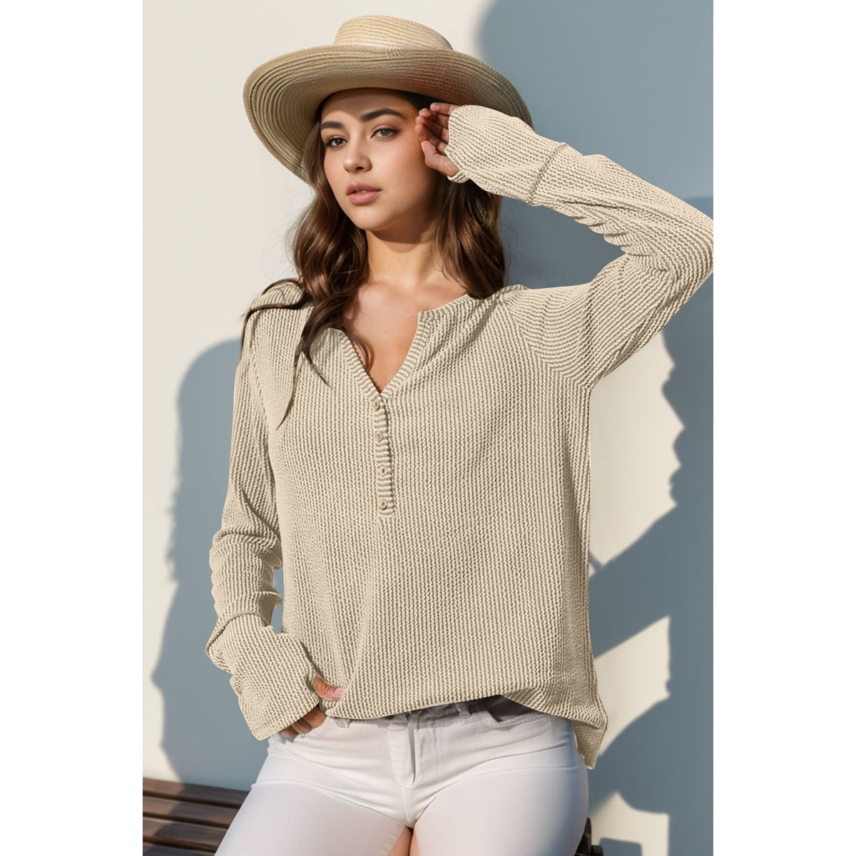 Double Take Full Size Notched Thumbhole Long Sleeve T-Shirt