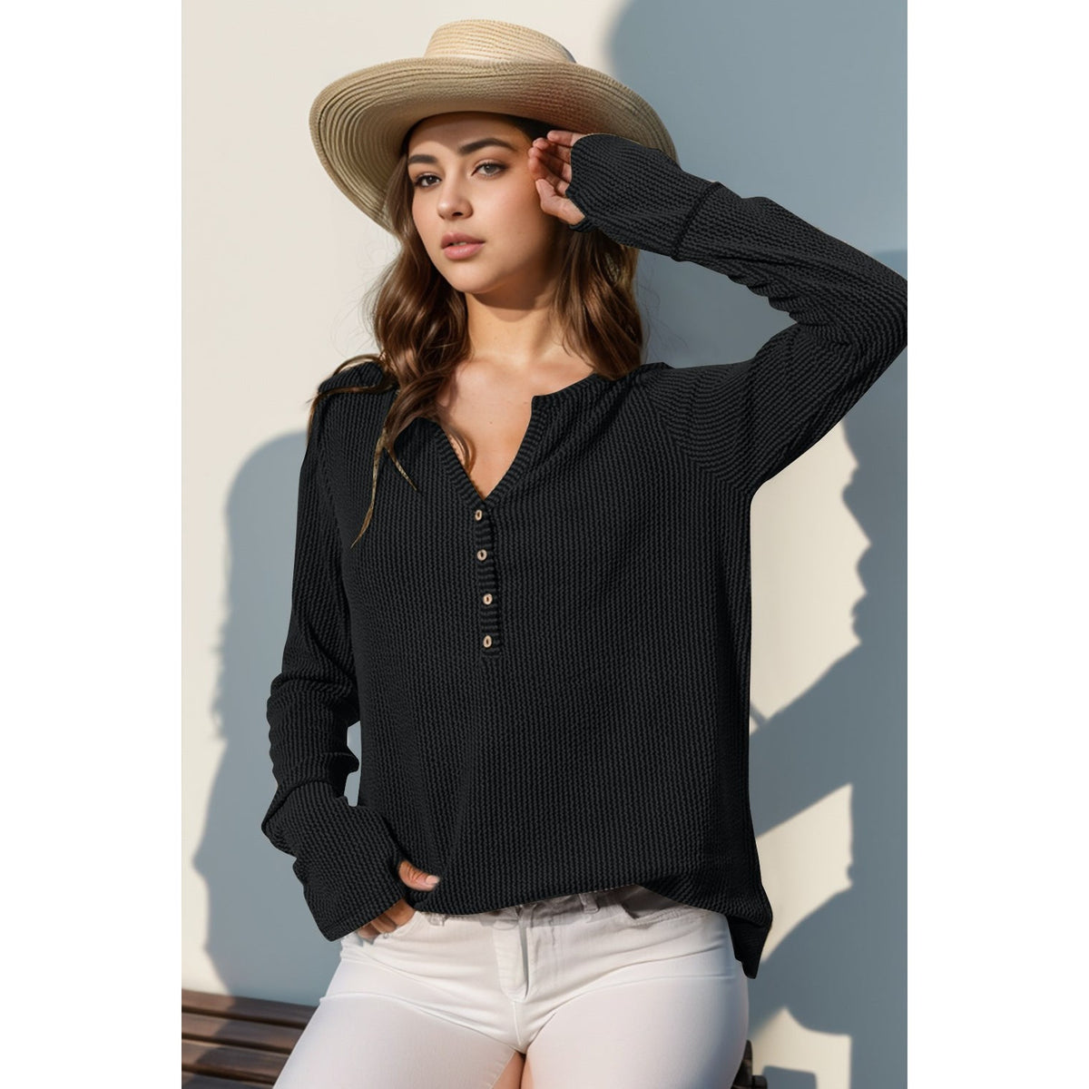 Double Take Full Size Notched Thumbhole Long Sleeve T-Shirt