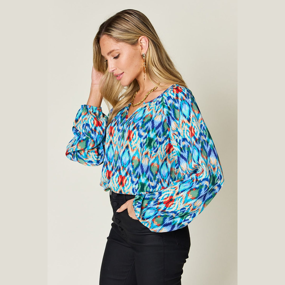 Double Take Full Size Printed Balloon Sleeve Blouse