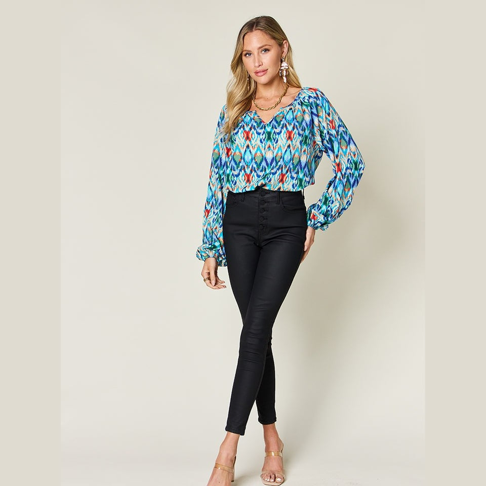 Double Take Full Size Printed Balloon Sleeve Blouse