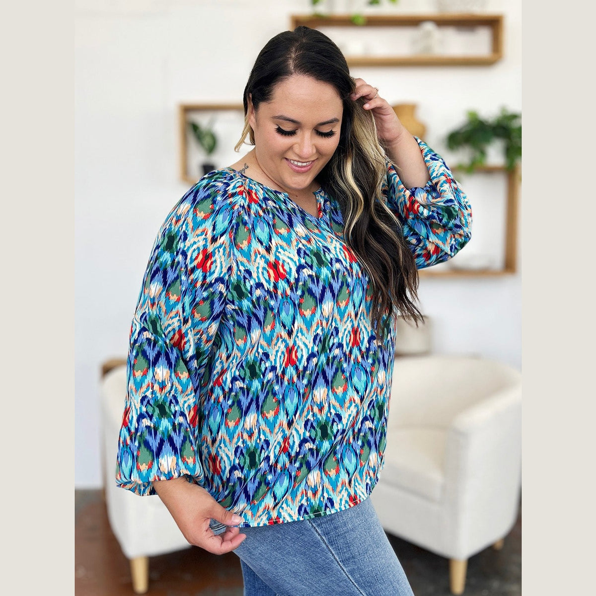 Double Take Full Size Printed Balloon Sleeve Blouse