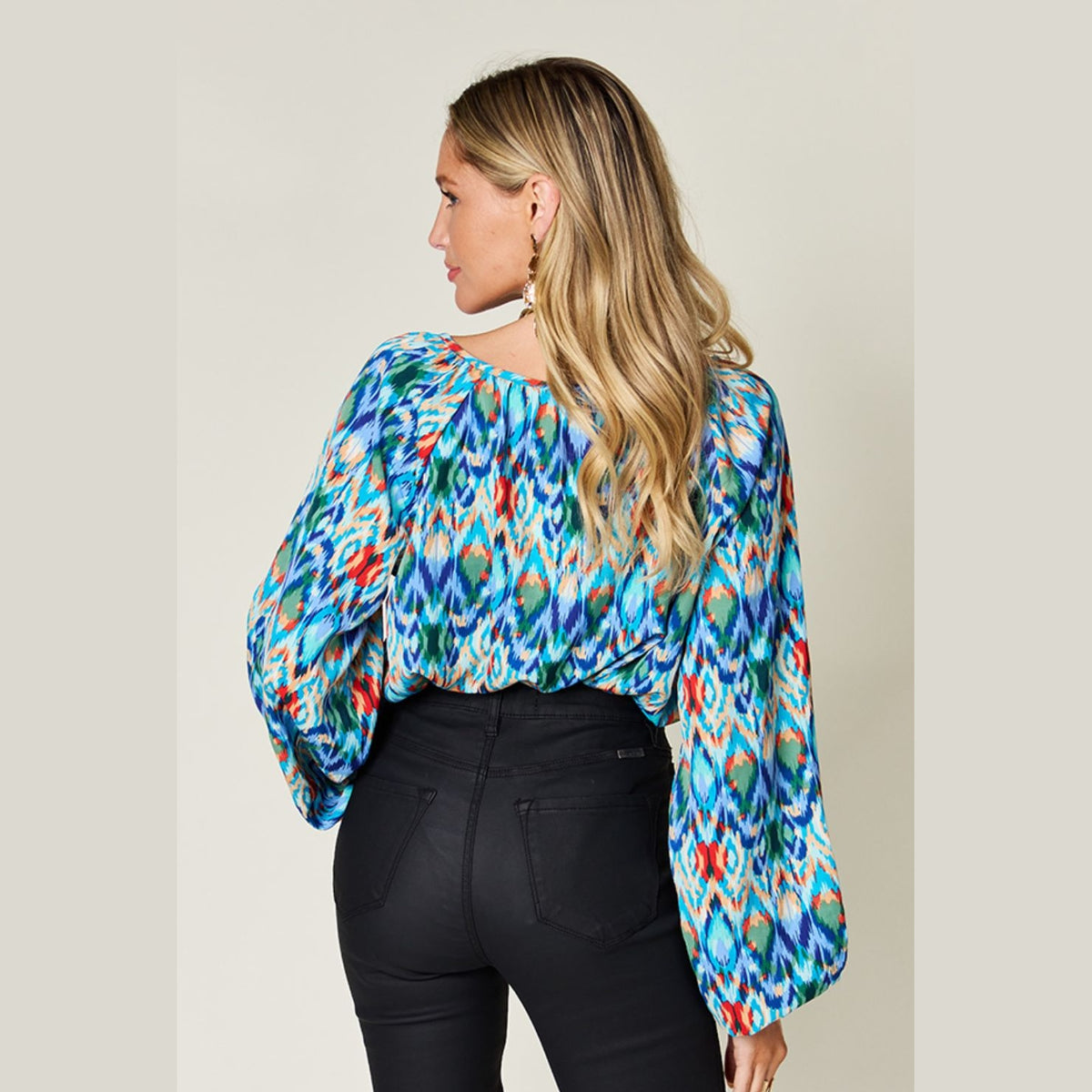 Double Take Full Size Printed Balloon Sleeve Blouse