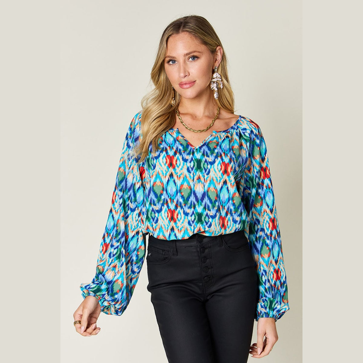 Double Take Full Size Printed Balloon Sleeve Blouse