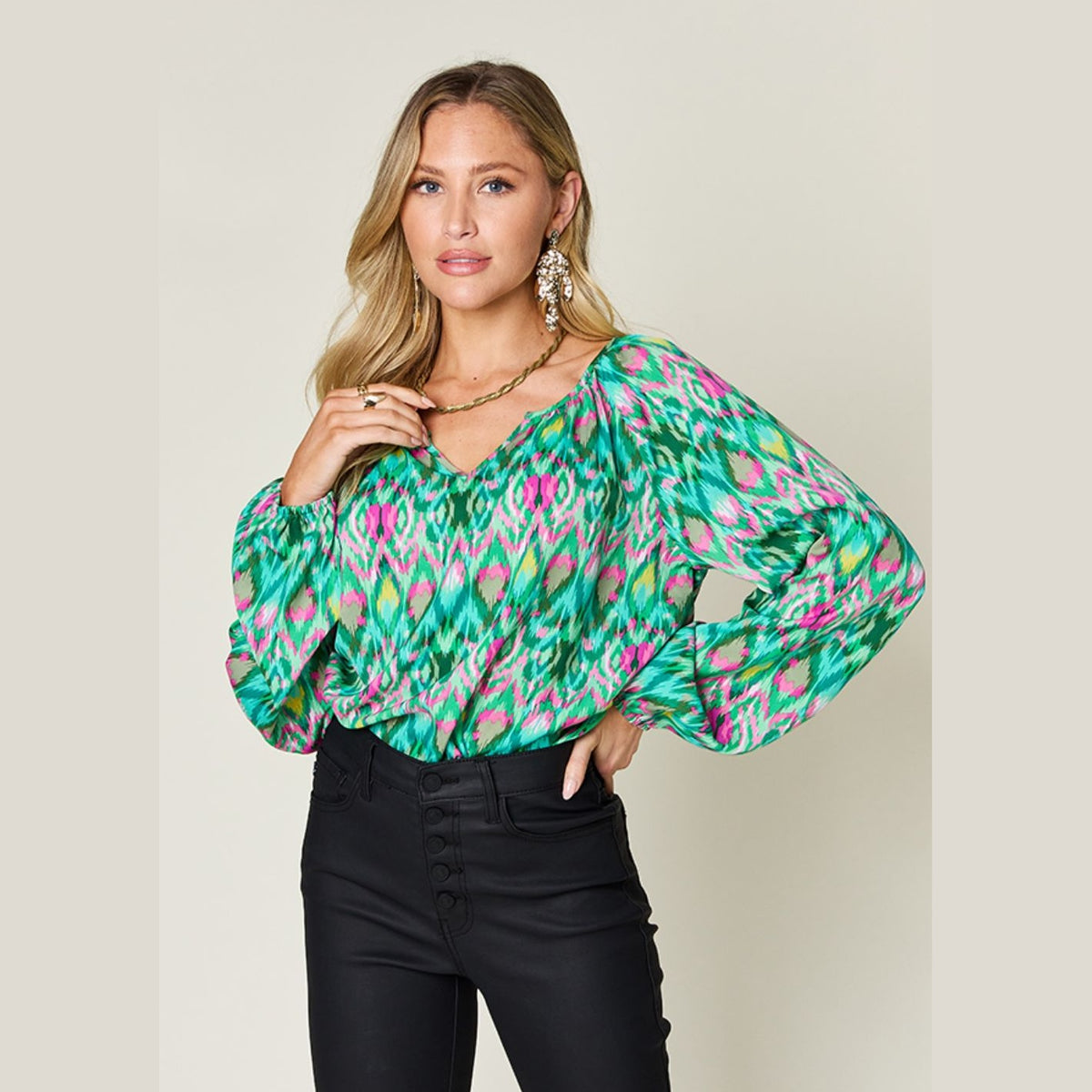 Double Take Full Size Printed Balloon Sleeve Blouse