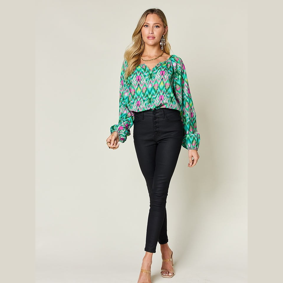 Double Take Full Size Printed Balloon Sleeve Blouse