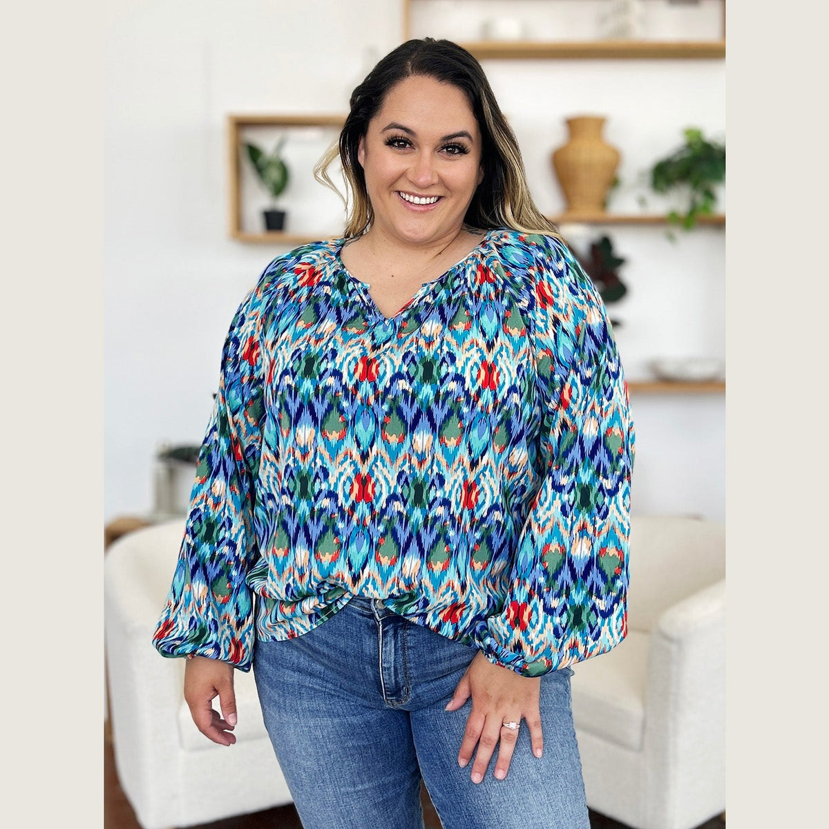 Double Take Full Size Printed Balloon Sleeve Blouse