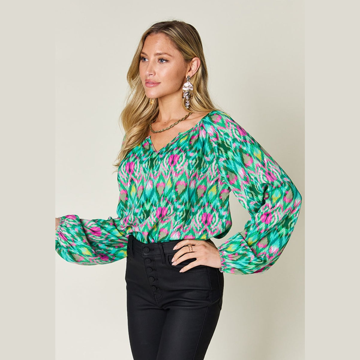 Double Take Full Size Printed Balloon Sleeve Blouse