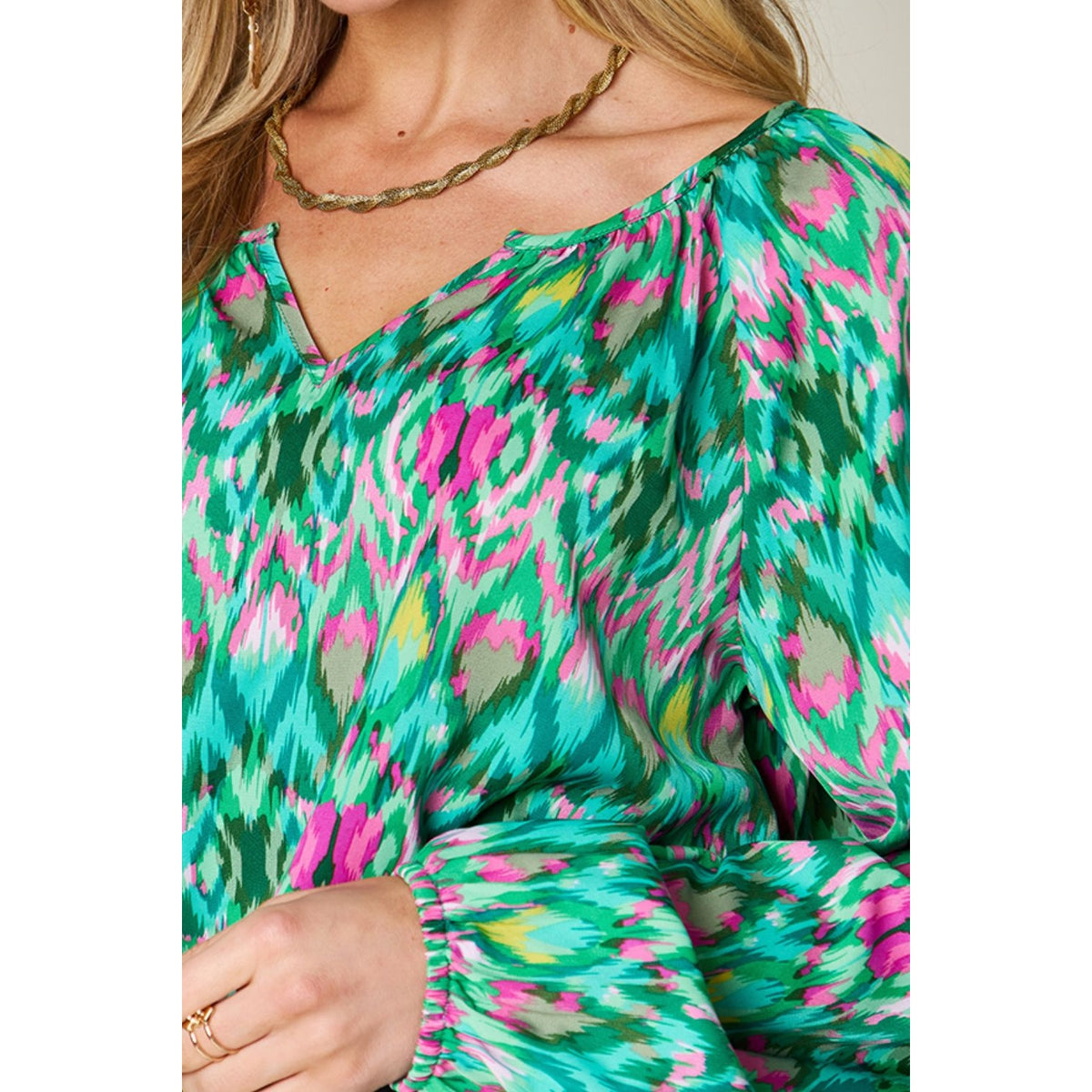 Double Take Full Size Printed Balloon Sleeve Blouse