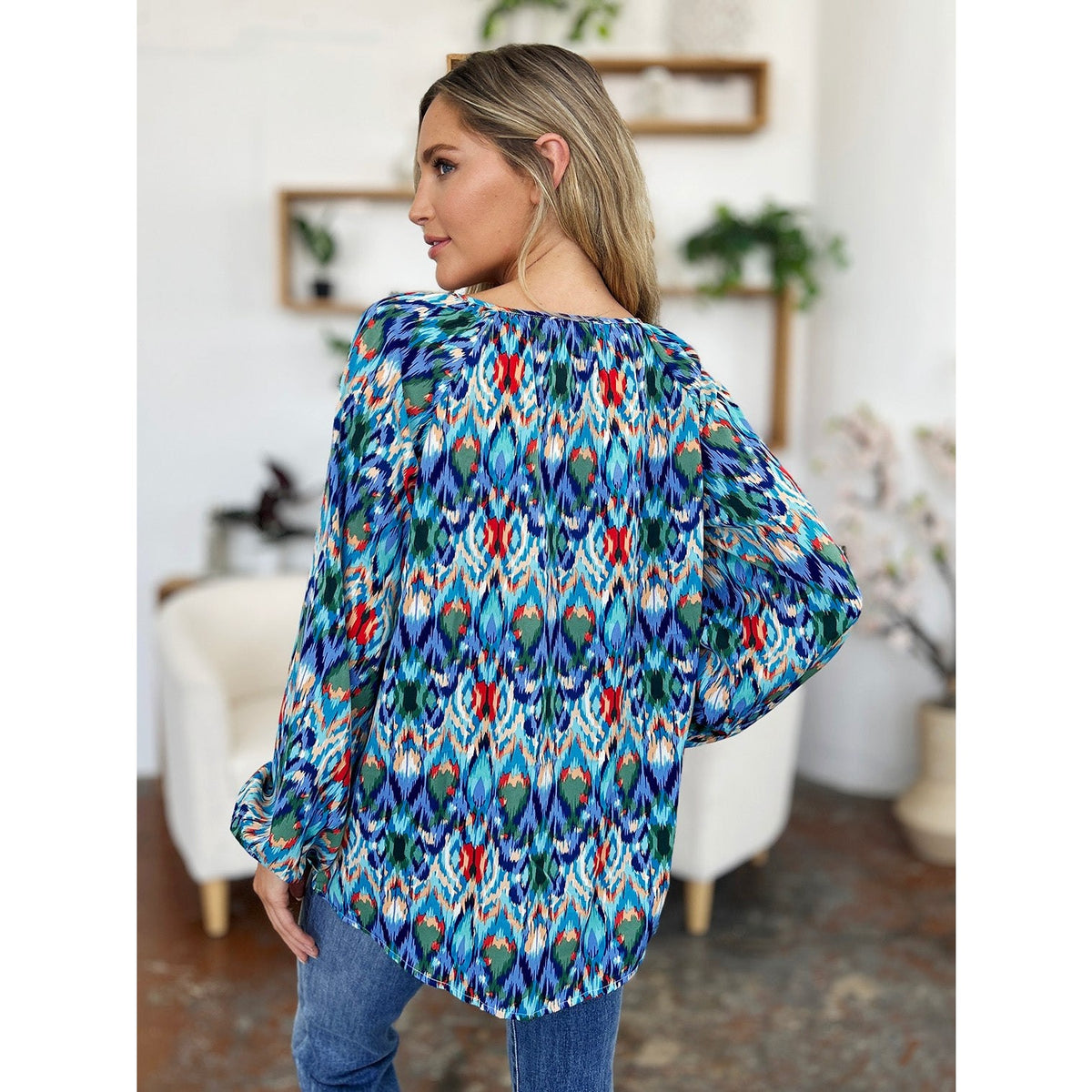 Double Take Full Size Printed Balloon Sleeve Blouse