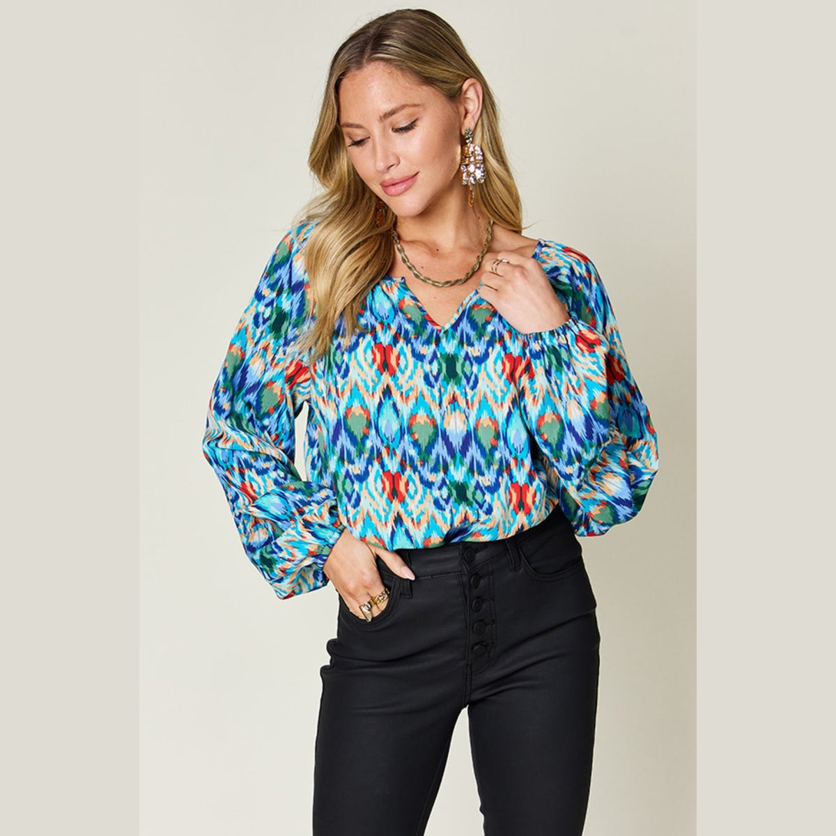 Double Take Full Size Printed Balloon Sleeve Blouse