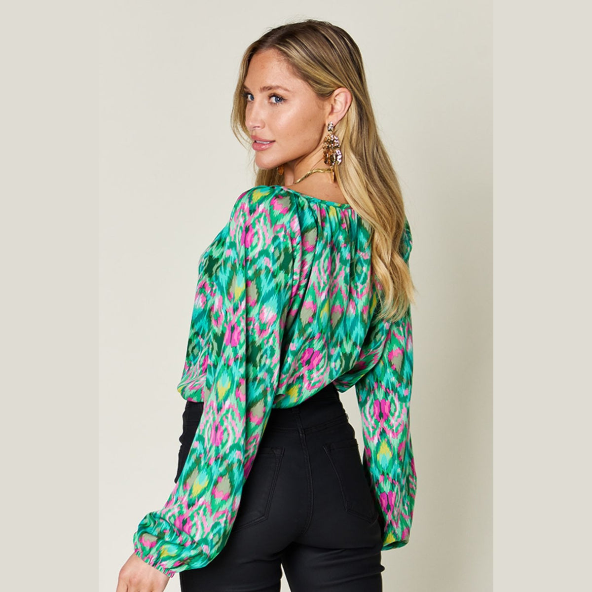 Double Take Full Size Printed Balloon Sleeve Blouse