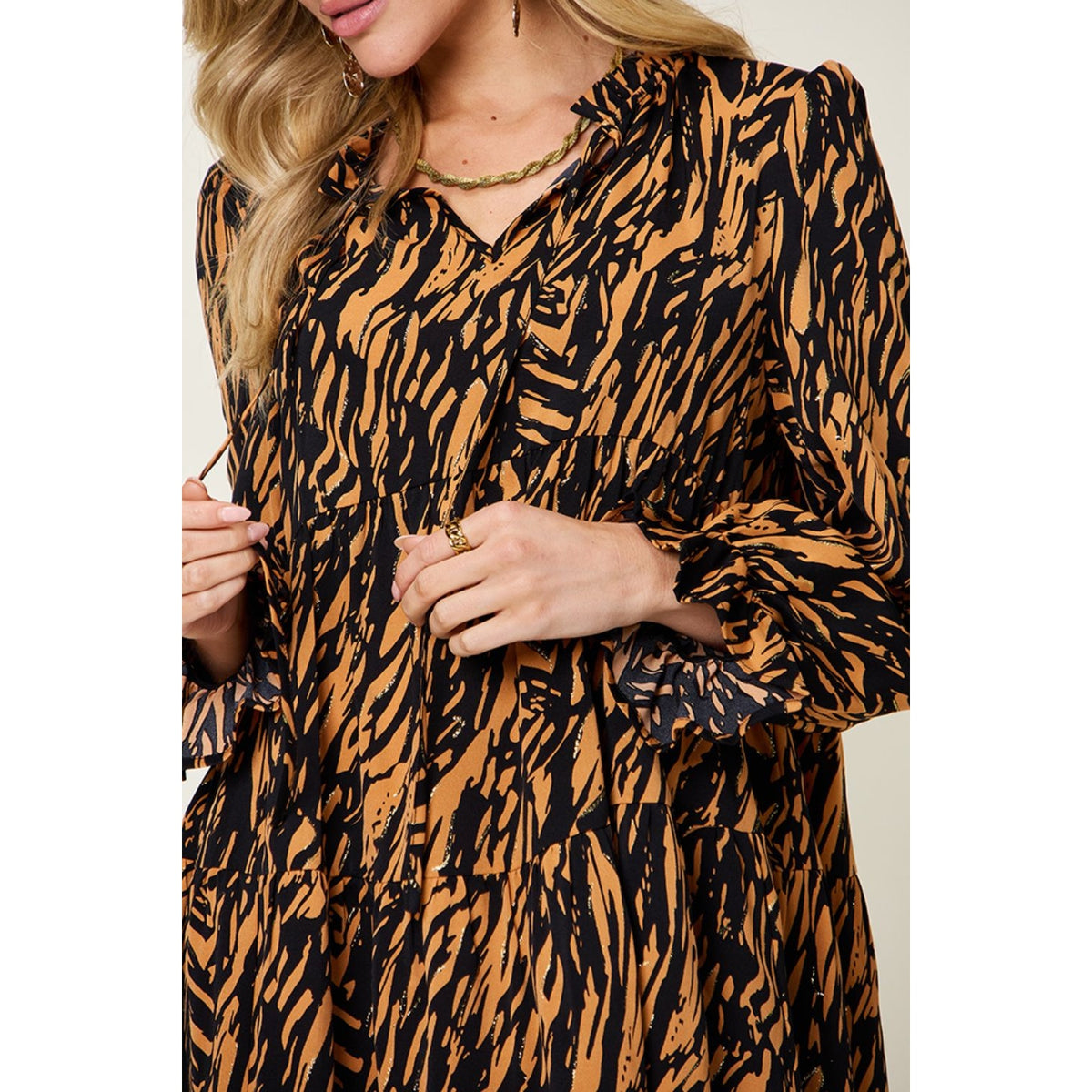 Double Take Full Size Printed Ruffle Hem Long Sleeve Dress