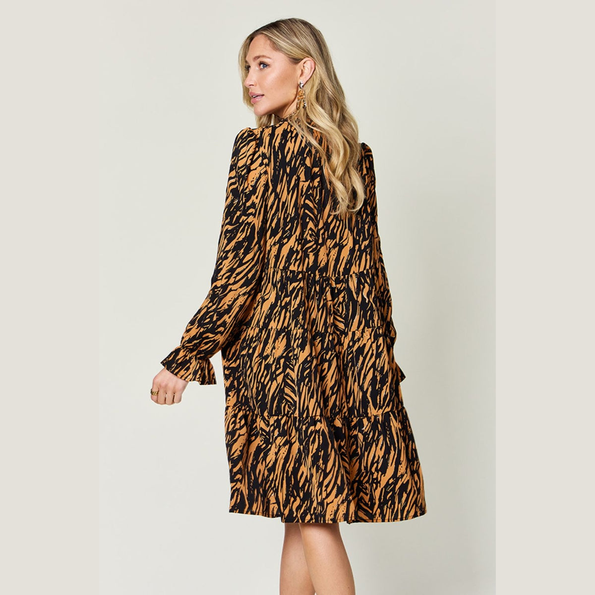 Double Take Full Size Printed Ruffle Hem Long Sleeve Dress