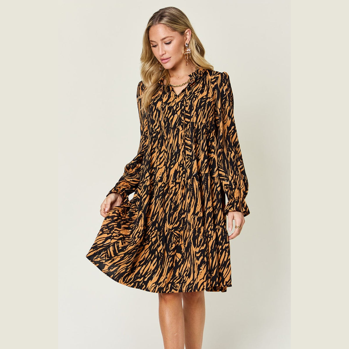 Double Take Full Size Printed Ruffle Hem Long Sleeve Dress