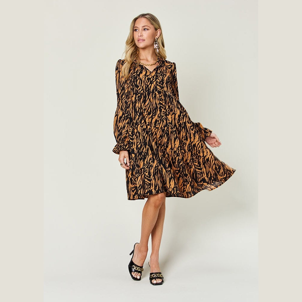 Double Take Full Size Printed Ruffle Hem Long Sleeve Dress