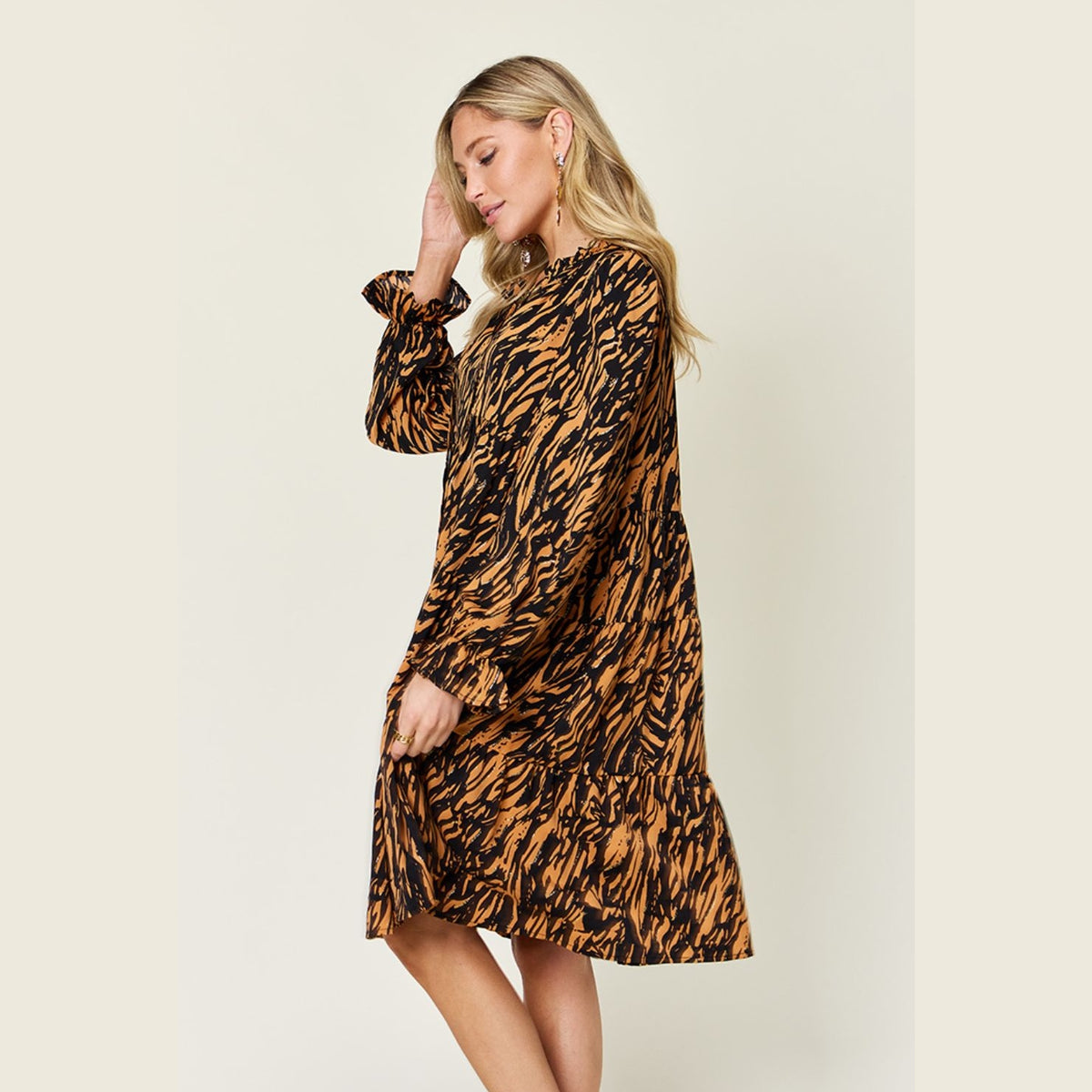 Double Take Full Size Printed Ruffle Hem Long Sleeve Dress