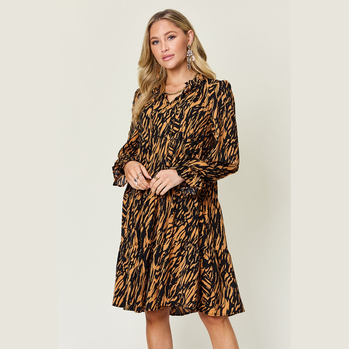 Double Take Full Size Printed Ruffle Hem Long Sleeve Dress