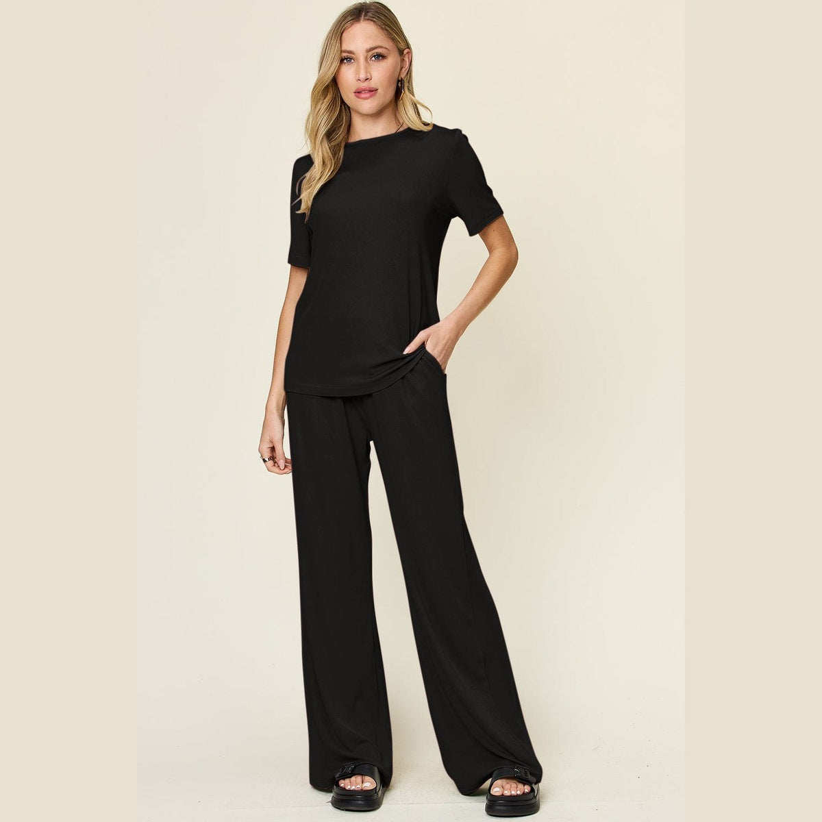 Double Take Full Size Round Neck Short Sleeve T-Shirt and Wide Leg Pants Set