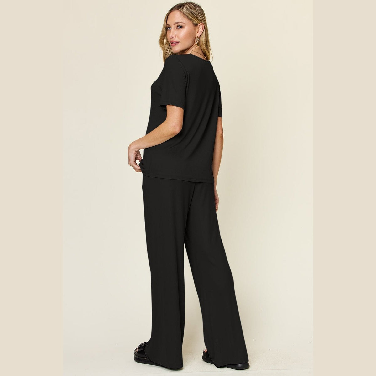 Double Take Full Size Round Neck Short Sleeve T-Shirt and Wide Leg Pants Set