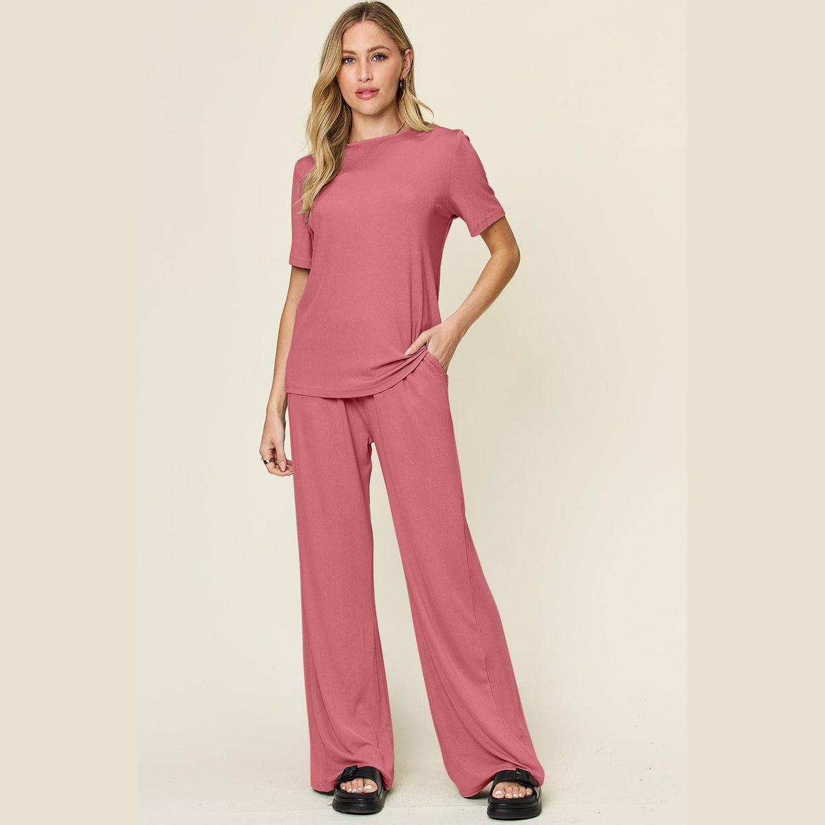 Double Take Full Size Round Neck Short Sleeve T-Shirt and Wide Leg Pants Set