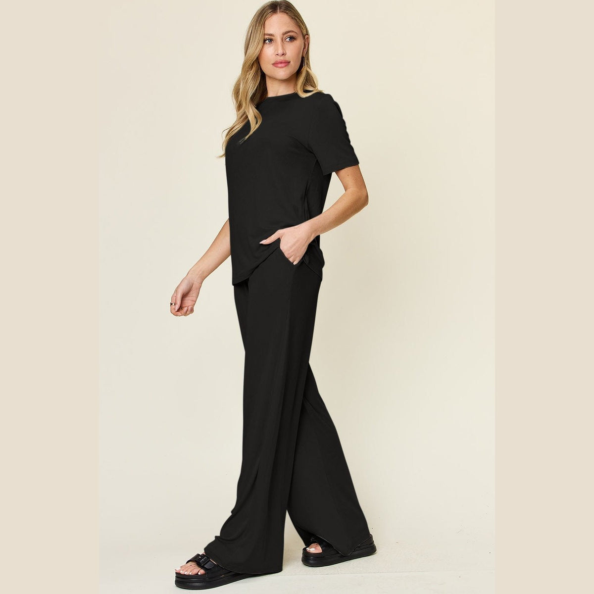 Double Take Full Size Round Neck Short Sleeve T-Shirt and Wide Leg Pants Set