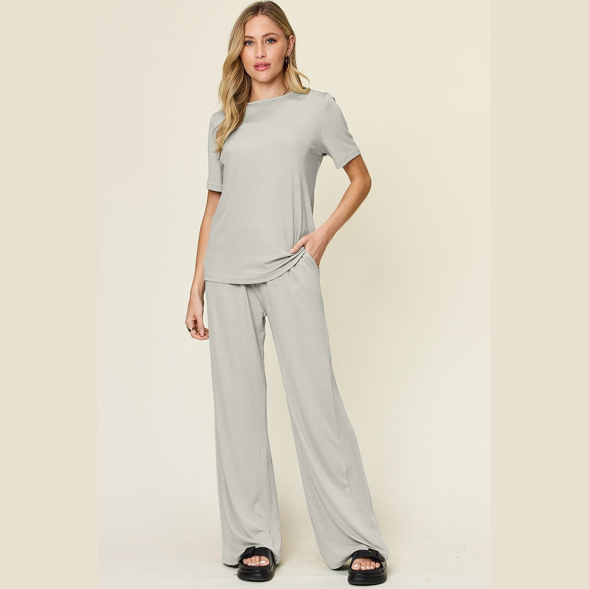 Double Take Full Size Round Neck Short Sleeve T-Shirt and Wide Leg Pants Set